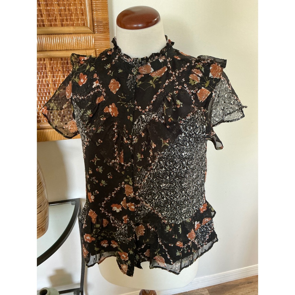 Walter Baker Irene Blouse Ruffled Detail Floral Print  Blk Vintage RoseSize S